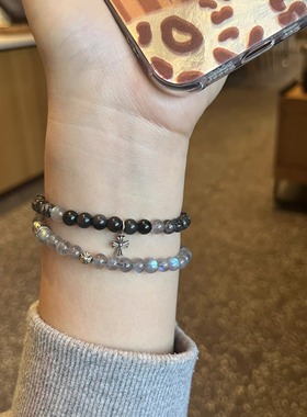 天然灰月光拉长石黑曜石小众手链