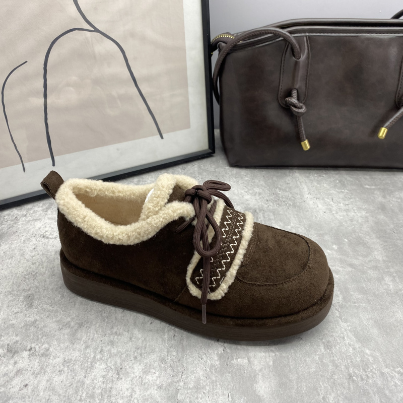 25秋冬编织拼接毛毛勃肯鞋女冬季百搭平跟系带加绒保暖女棉鞋 - 图3
