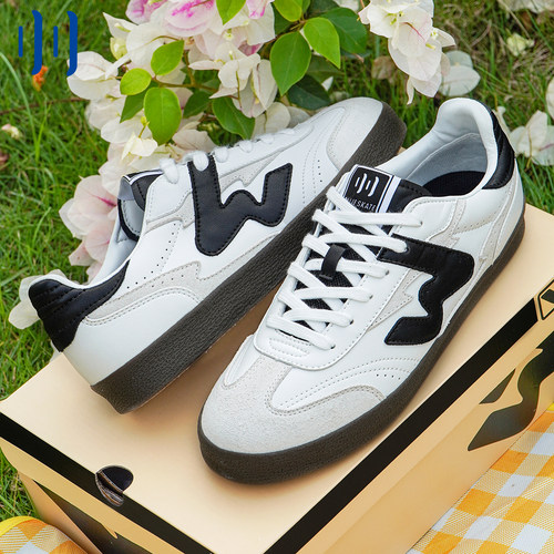 顽刻ollieskate白黑拼色翻毛皮拼接生胶底W系列国潮德训滑板鞋 - 图3