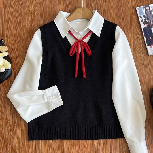 花狸酱套装马甲背心毛衣JK制服宽松基础款少女针织衫v领无袖毛衣