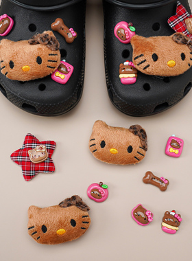 原创洞洞鞋鞋花适配crocs配饰黑皮KT猫豹纹hellokitty装饰扣鞋扣