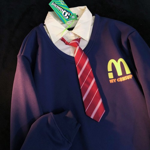 Daiwing 冬日专辑 美式假两件卡通情侣学院长袖拼接领带衬衫卫衣 - 图1