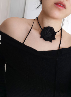高订质感知性黑色玫瑰花 极细款3mm绑带颈带淑女复古锁骨链项链圈