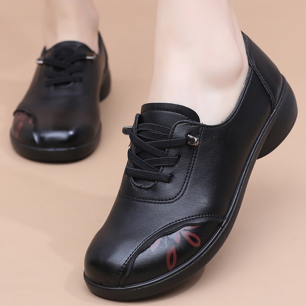 女鞋上班久站不累脚妈妈鞋春秋软底防滑防水皮鞋子厨房工作鞋黑色,淘宝优惠券,粉丝福利购,淘宝优惠卷