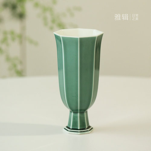 雅辑X隅成 古绿八方花觚桌面花器花插 家居陶瓷花瓶  原创手工 - 图2