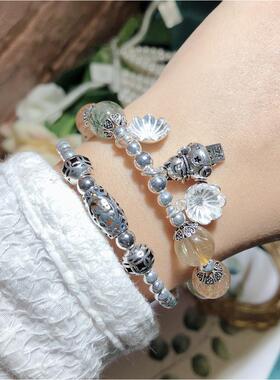 复古银饰彩发晶招财猫手链diy水晶串珠成品首饰一手货源