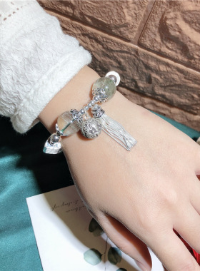 店主设计复古银饰14mm满天星绿幽灵铃铛流苏手链大气个性时尚饰品