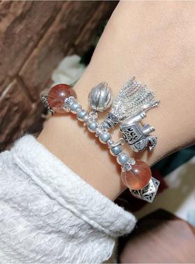 店主设计重工13mm彩发晶925银大象流苏手链水晶串珠饰品时尚百搭