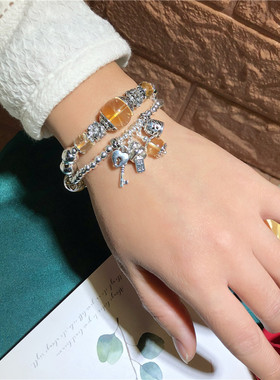 水晶饰品老料12mm通透黄水晶925银招财猫手链diy串珠成品