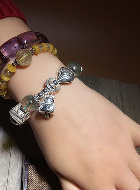 复古银饰千层绿幽灵招财猫手链重工串珠diy成品手串