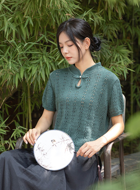 毛儿手作 诗韵新中式盘扣短袖材料包 棒针手工毛线编织diy 竹雨