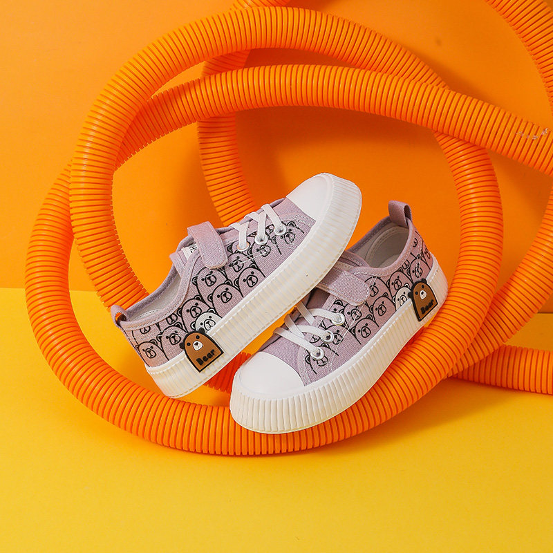大东帆布鞋童鞋2022新款春秋学院低跟平底小熊涂鸦魔术贴童鞋1419
