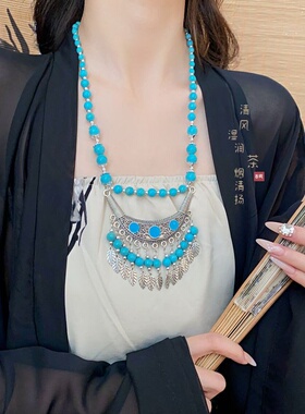 月牙滴油树叶琉璃珠项链复古民族风小众锁骨链新中式轻奢项饰