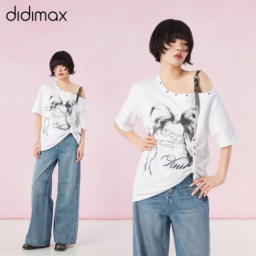 didimax夏季新款单肩皮带宽松型T恤 斜肩休闲风短袖潮流X47849 - 图0