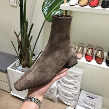 Ready stock ເກີບຜູ້ຍິງ Dongdaemun 2023 spring style square toe soft surface thick heel tight mouth slim zipper women's short boots 0101