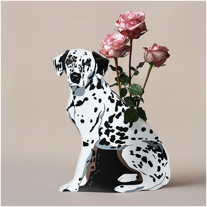 WOOKEN原创斑点犬白花瓶仿真皮PU革创意玻璃插花器摆件客厅样板-图0