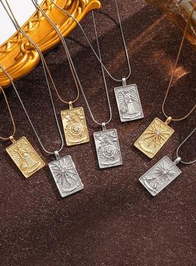 复古项链滴油风钛塔罗牌项链方形