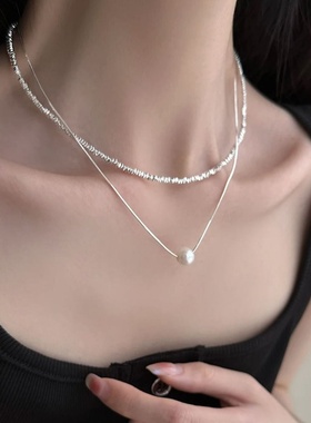 碎银珍珠双层叠戴项链精致时尚设计感锁骨链气质百搭高级感颈链