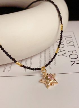 小众设计复古黑色水晶金属五角星项链个性简约百搭气质颈链锁骨链