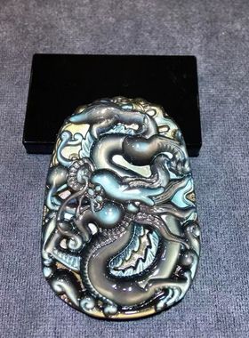 天然 墨西哥冰彩黑曜石龙牌吊坠  尺寸62/44/15mm  冰彩黑曜石6mm