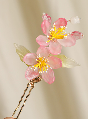 桃花花神发钗琉璃花掩鬓簪