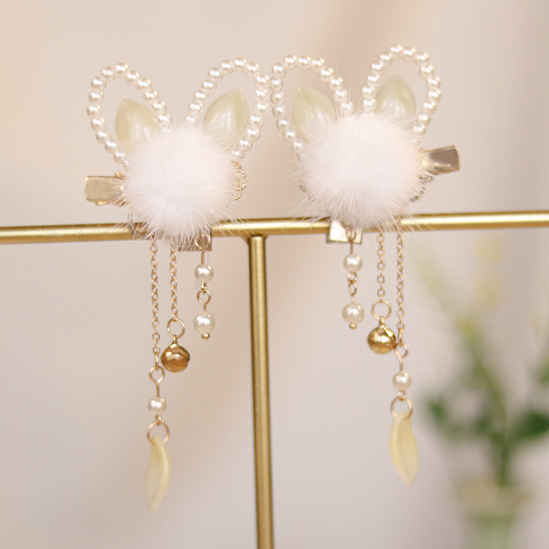 古风毛绒球对夹饰品儿童小兔子耳朵流苏发夹超仙秋冬边夹头饰品,淘宝优惠券,粉丝福利购,淘宝优惠卷