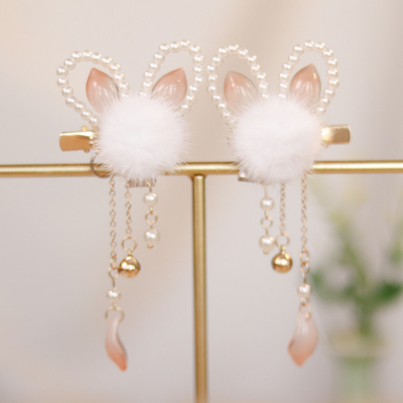 古风毛绒球对夹饰品儿童小兔子耳朵流苏发夹超仙秋冬边夹头饰品,淘宝优惠券,粉丝福利购,淘宝优惠卷