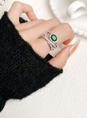 祖母绿复古锆石可调节开口指环不掉色戒指女小众高级轻奢食指戒