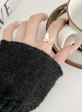 不对称蝴蝶白水纹板材开口指环气质戒指女士小众高级轻奢风食指戒