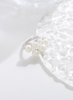 双排米白珍珠开口指环气质戒指女小众高级轻奢风个性时尚食指戒