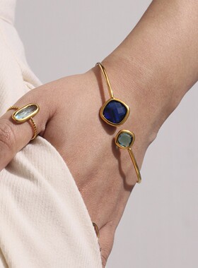 超闪切面捷克玻璃石开口手镯简约轻奢不锈钢细圈珠宝手环