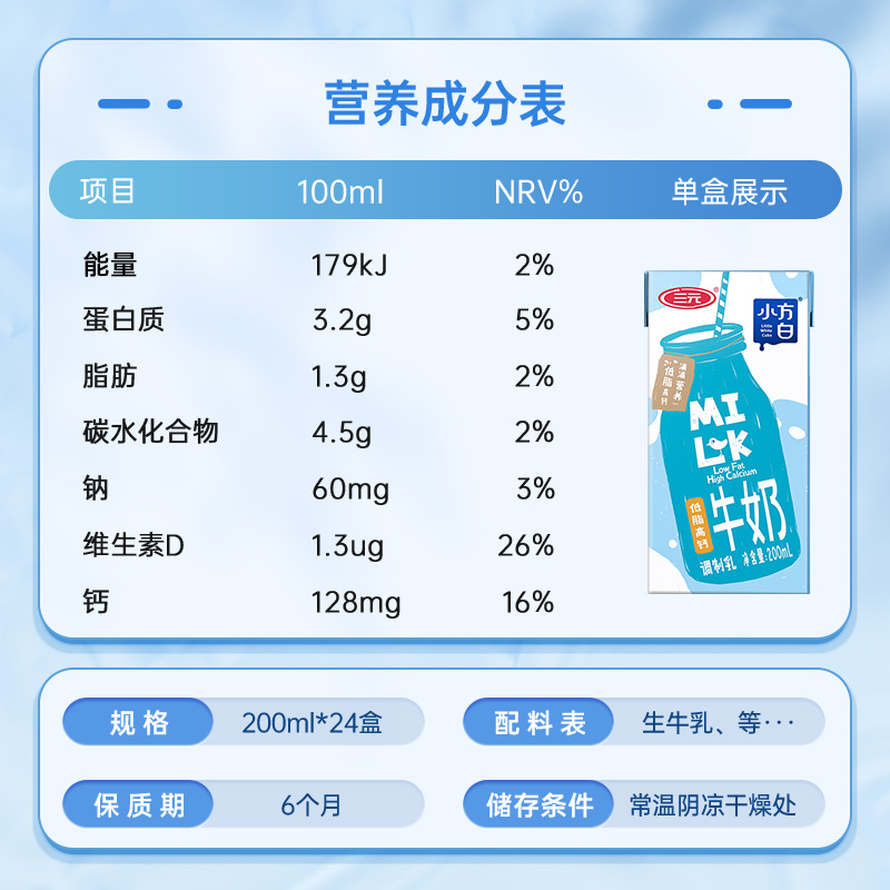 三元小方白低脂高钙牛奶200ml*24盒整箱家庭早餐牛奶 - 图0