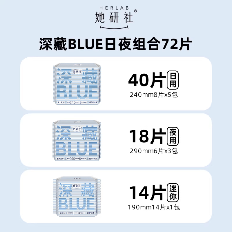【包邮】她研社卫生巾深藏BLUE姨妈巾日夜组合整箱超薄干爽72片