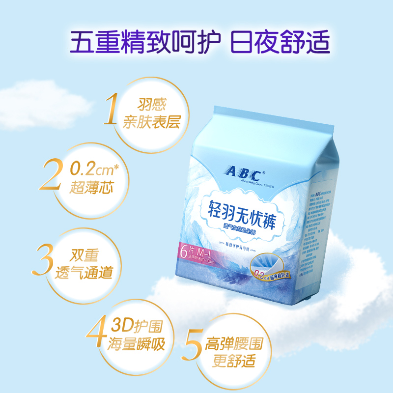 ABC安心裤安睡裤轻羽无忧裤型卫生巾姨妈巾超长夜用防漏6条 M-L码 - 图2