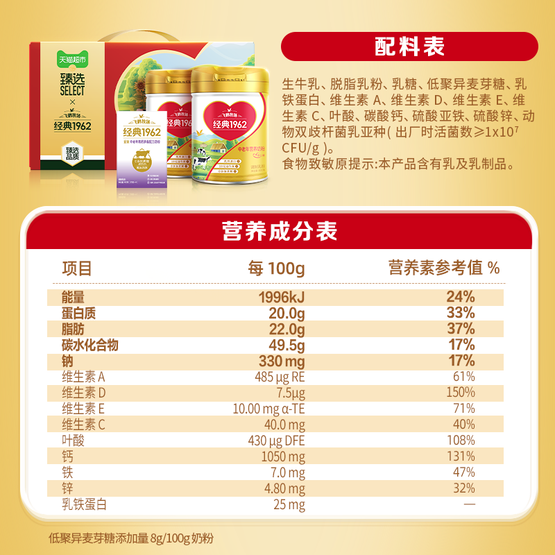 臻选飞鹤牧场经典1962金装中老年营养奶粉800g*2罐孝心装礼盒