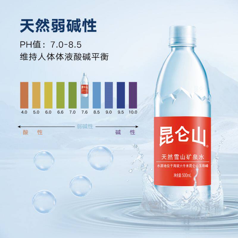 昆仑山雪山矿泉水500ml*20天然弱碱性小分子团水
