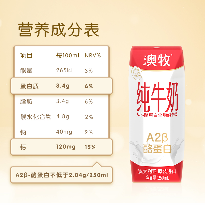 【进口】澳牧A2β-酪蛋白全脂纯牛奶250mlX12盒儿童早餐牛乳整箱 - 图3