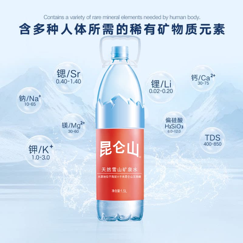 昆仑山雪山矿泉水1.5Lx12瓶天然纯净弱碱性煲汤泡茶 家庭用水