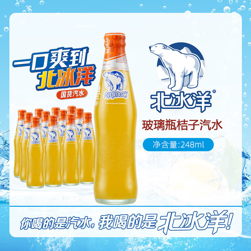 北冰洋精制桔汁汽水玻璃瓶果汁碳酸饮料248ml*12瓶中华北京老字号 - 图0
