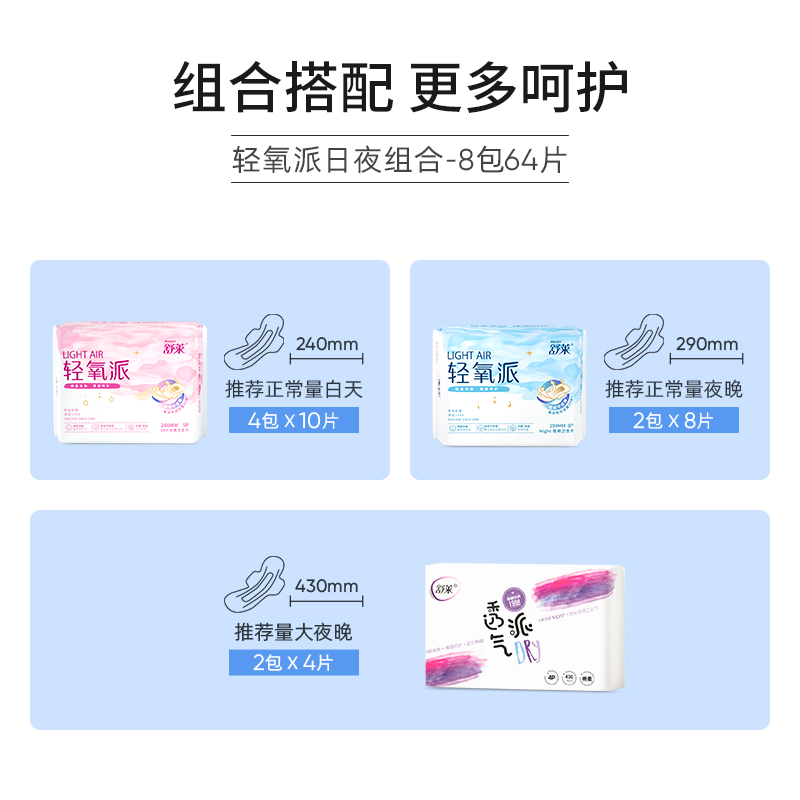 舒萊輕氧透氣派日夜組合衛生巾8包64片超薄透氣姨媽巾防側漏學生_天貓超市_洗護清潔劑_衛生巾_紙_香薰
