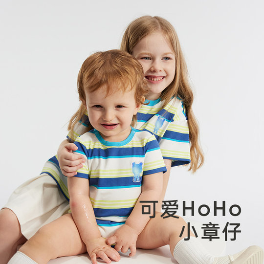 英氏亲子装儿童t恤夏季薄款休闲运动男童女童2024新款夏装短袖