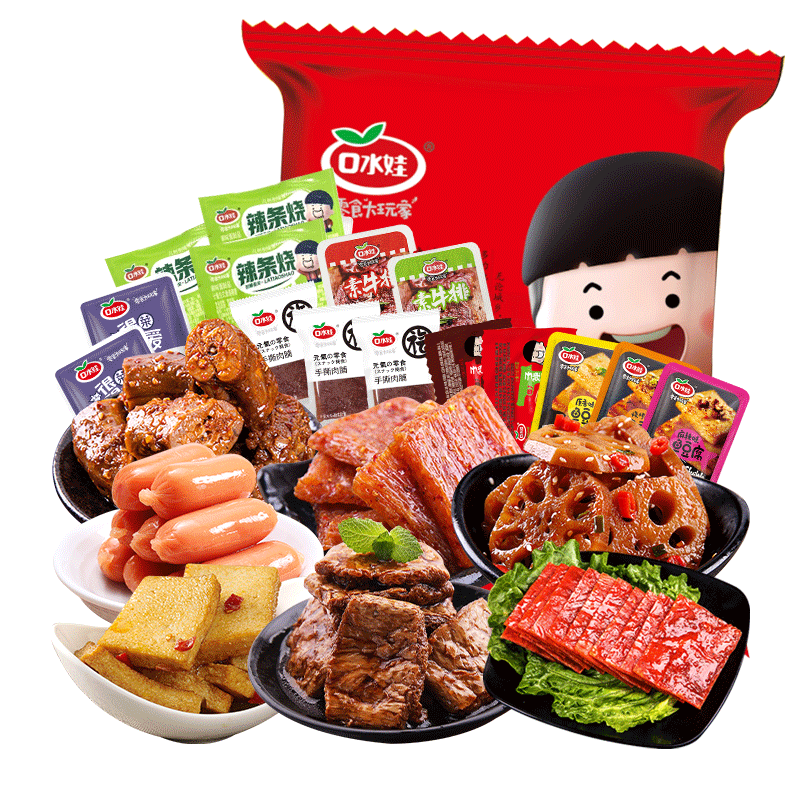 口水娃鲜卤分享零食大礼包网红小吃辣条鱼豆腐手撕肉脯烤脖 - 图2
