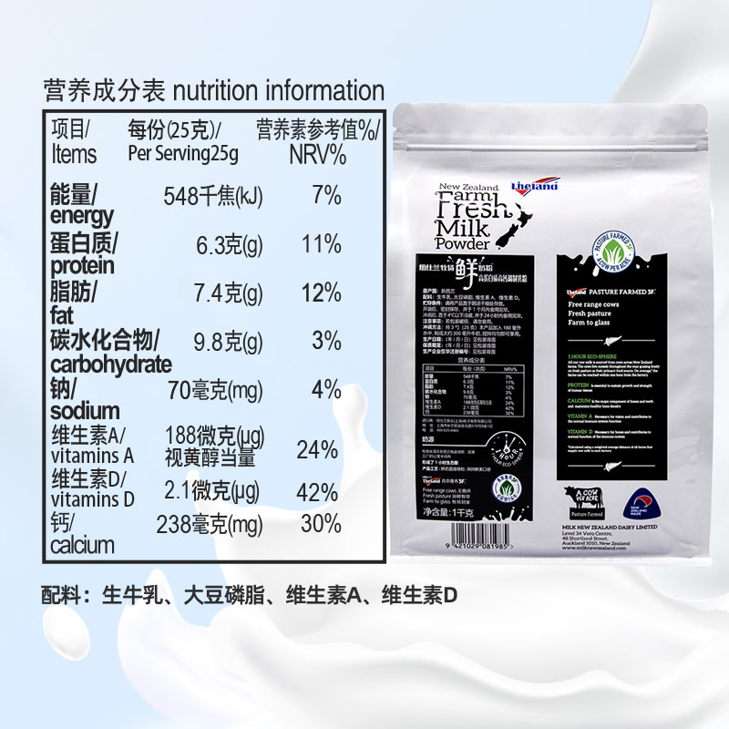 【进口】新西兰纽仕兰全脂鲜奶粉高蛋白质高钙调制乳粉1kg*1袋 - 图3