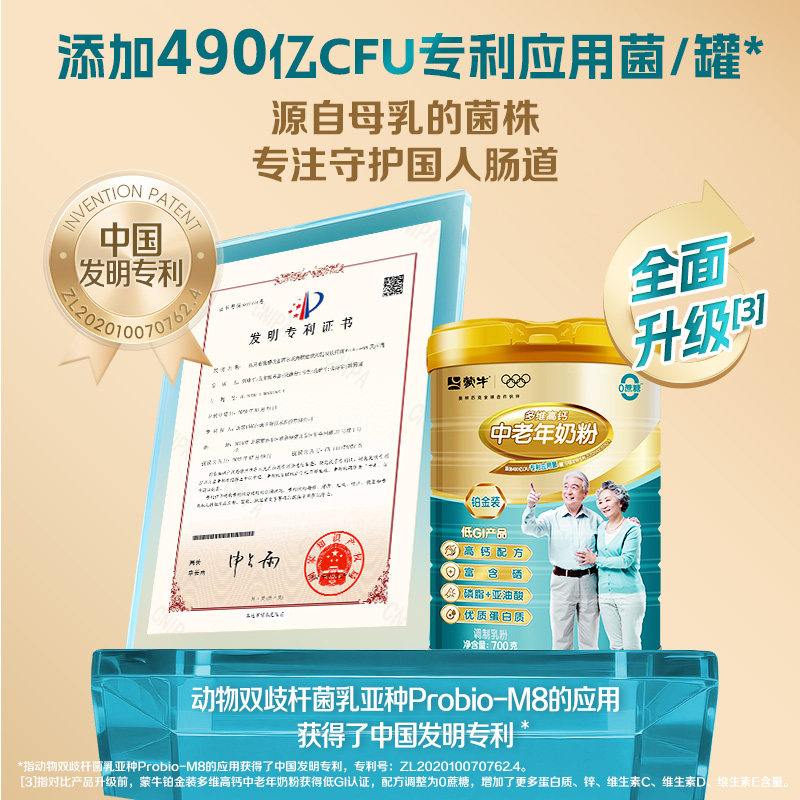 蒙牛中老年奶粉铂金装多维高钙高蛋白益生菌无添加蔗糖700g*2罐,淘宝优惠券,粉丝福利购,淘宝优惠卷