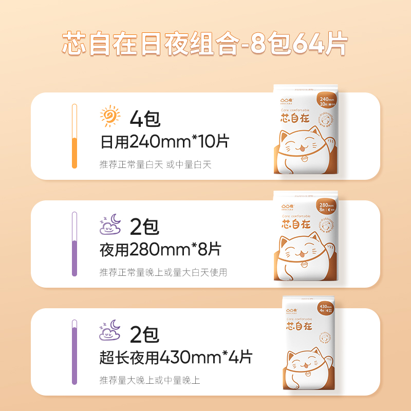 凸凸棉芯自在日夜组合卫生巾8包64片熟睡防侧漏专利瞬吸姨妈巾