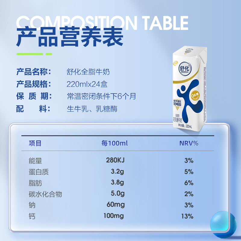 【中秋送礼】伊利舒化无乳糖全脂牛奶220ml*24盒早餐代餐好消化