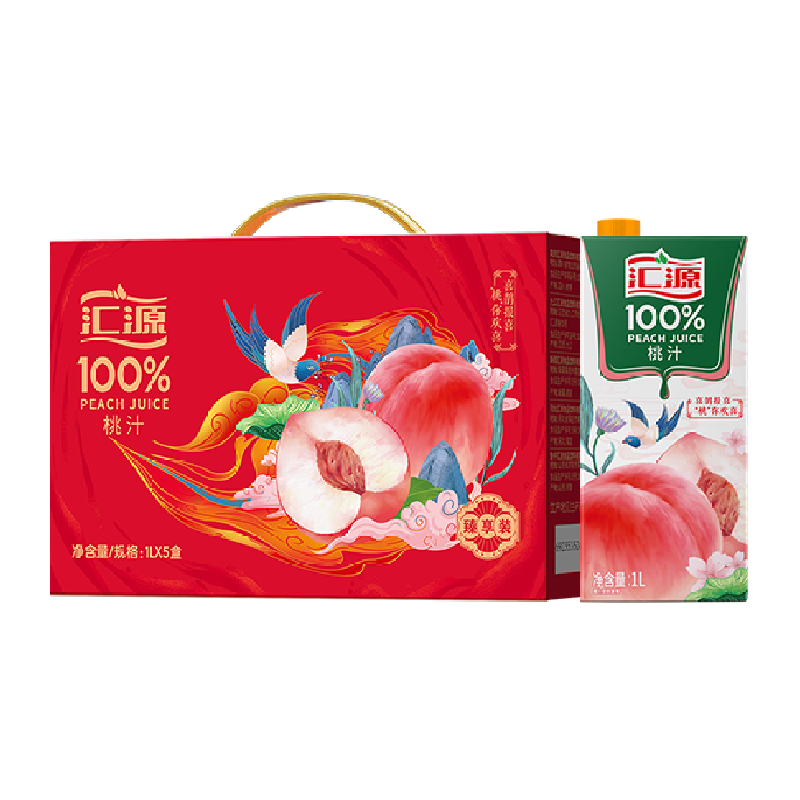 汇源果汁桃汁青春版果蔬汁1000ml*5盒