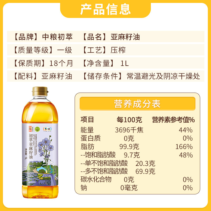中粮初萃食用油亚麻籽油1L*1瓶胡麻油冷榨一级富含亚麻酸,淘宝优惠券,粉丝福利购,淘宝优惠卷