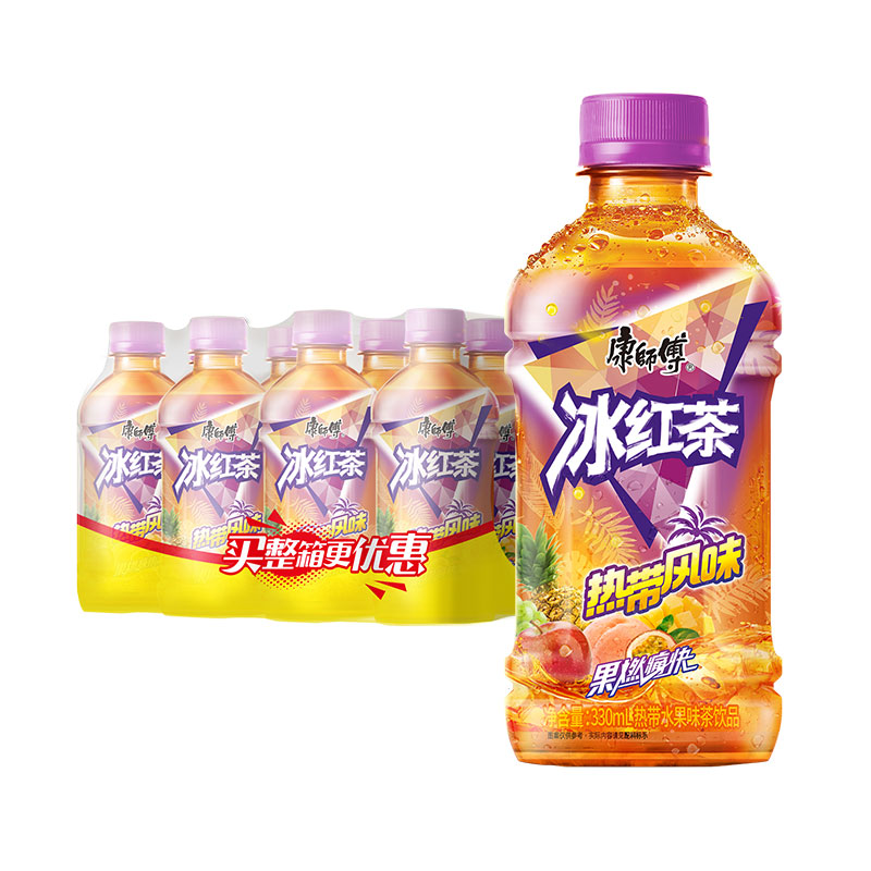 康师傅热带风味冰红茶330ml*12瓶0脂果味茶饮料出游便携整箱装 - 图0