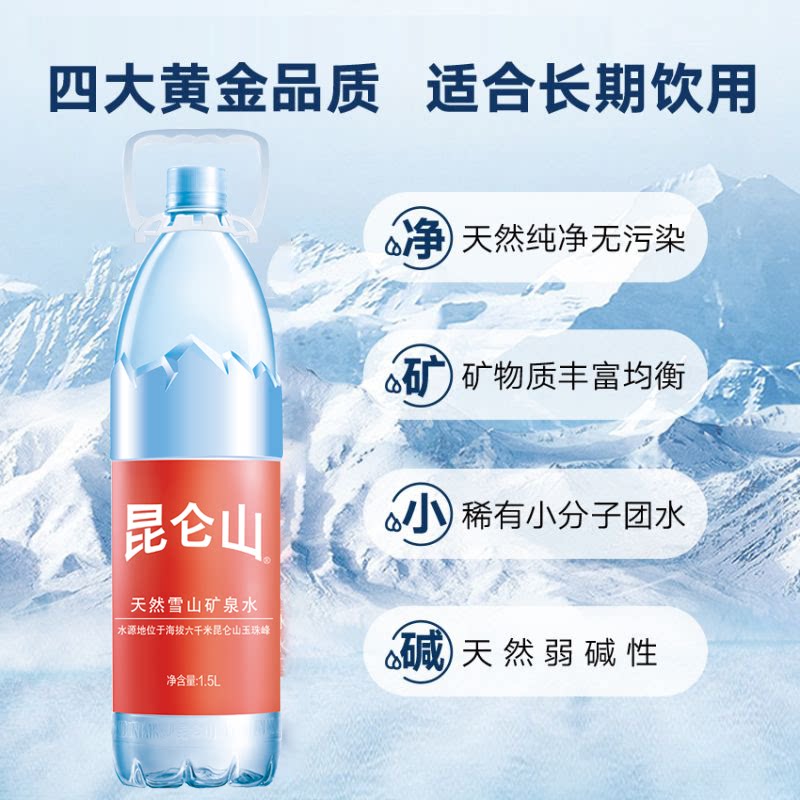 昆仑山雪山矿泉水1.5Lx12瓶天然纯净弱碱性煲汤泡茶 家庭用水
